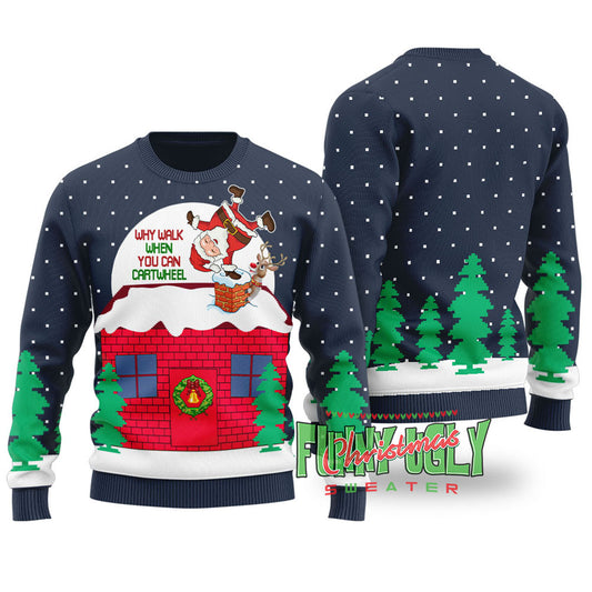 Funny Cartwheel Santa Ugly Christmas Sweater Navy