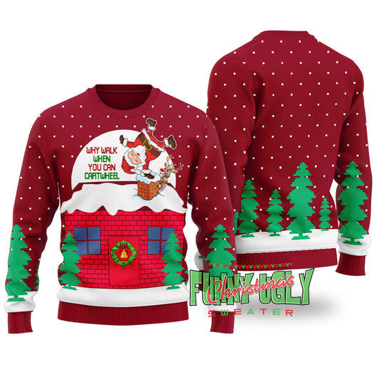 Funny Cartwheel Santa Ugly Christmas Sweater Cardinal Red