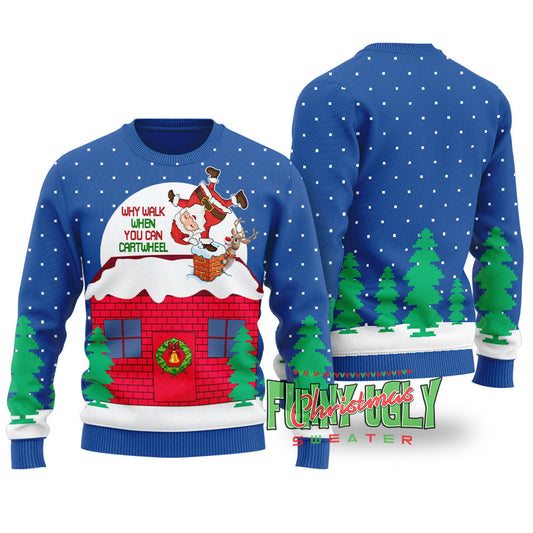 Funny Cartwheel Santa Ugly Christmas Sweater Royal