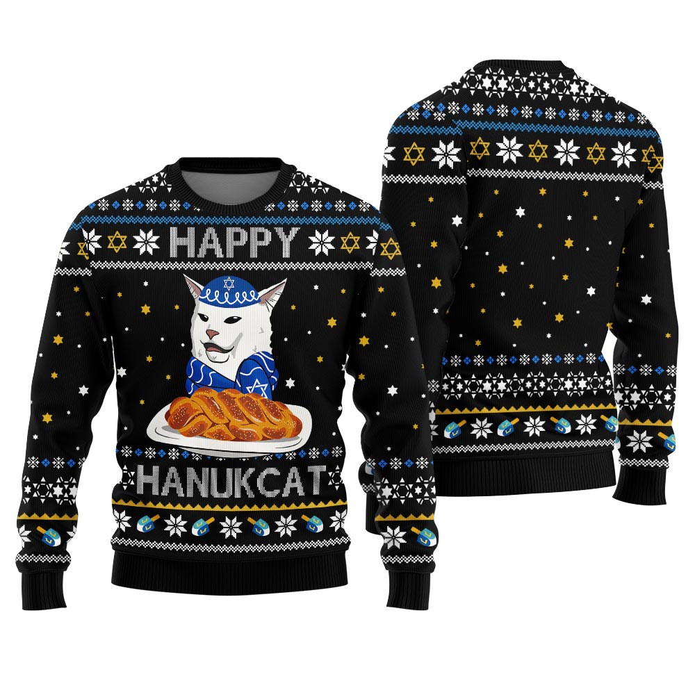 Funny Cat Happy Hanukkah Ugly Sweater Black