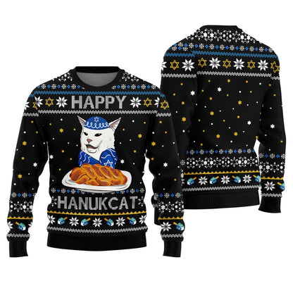 Funny Cat Happy Hanukkah Ugly Sweater Black