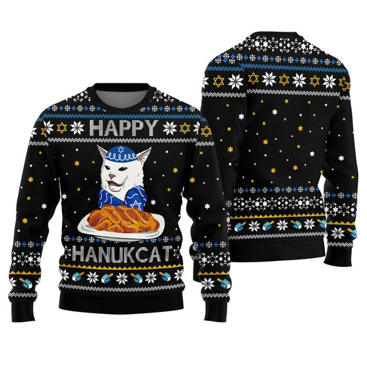Funny Cat Happy Hanukkah Ugly Sweater Black