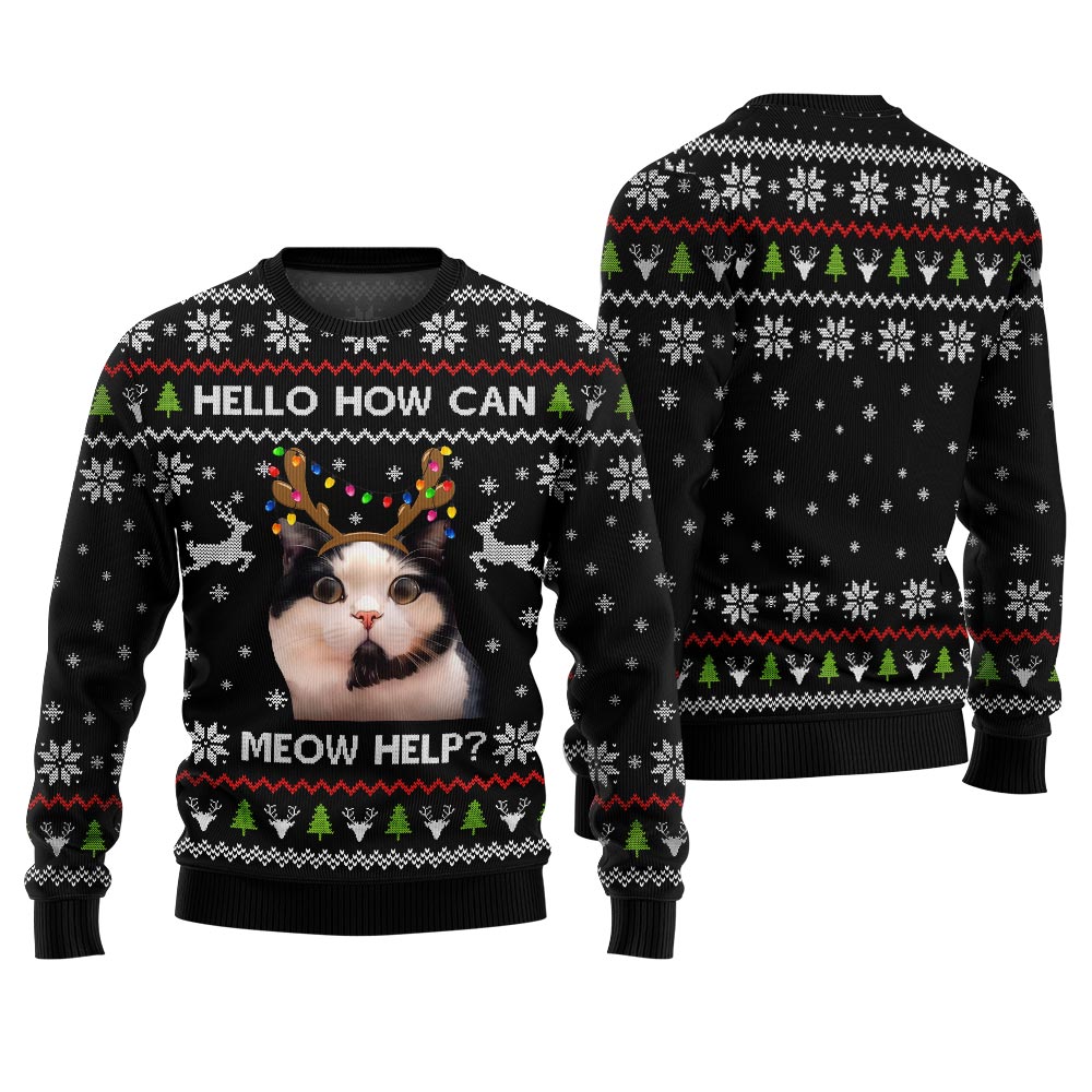 Funny Cat Holiday Sweater - Hello how can meow help?
