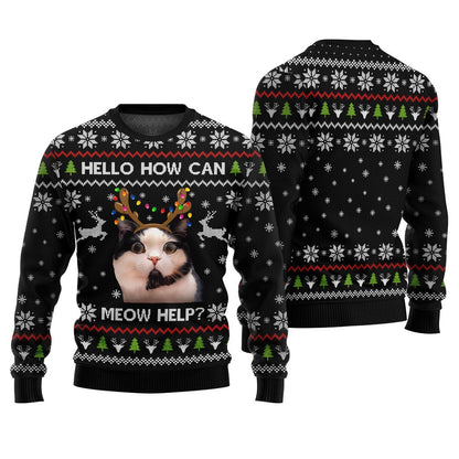 Funny Cat Holiday Sweater - Hello how can meow help?