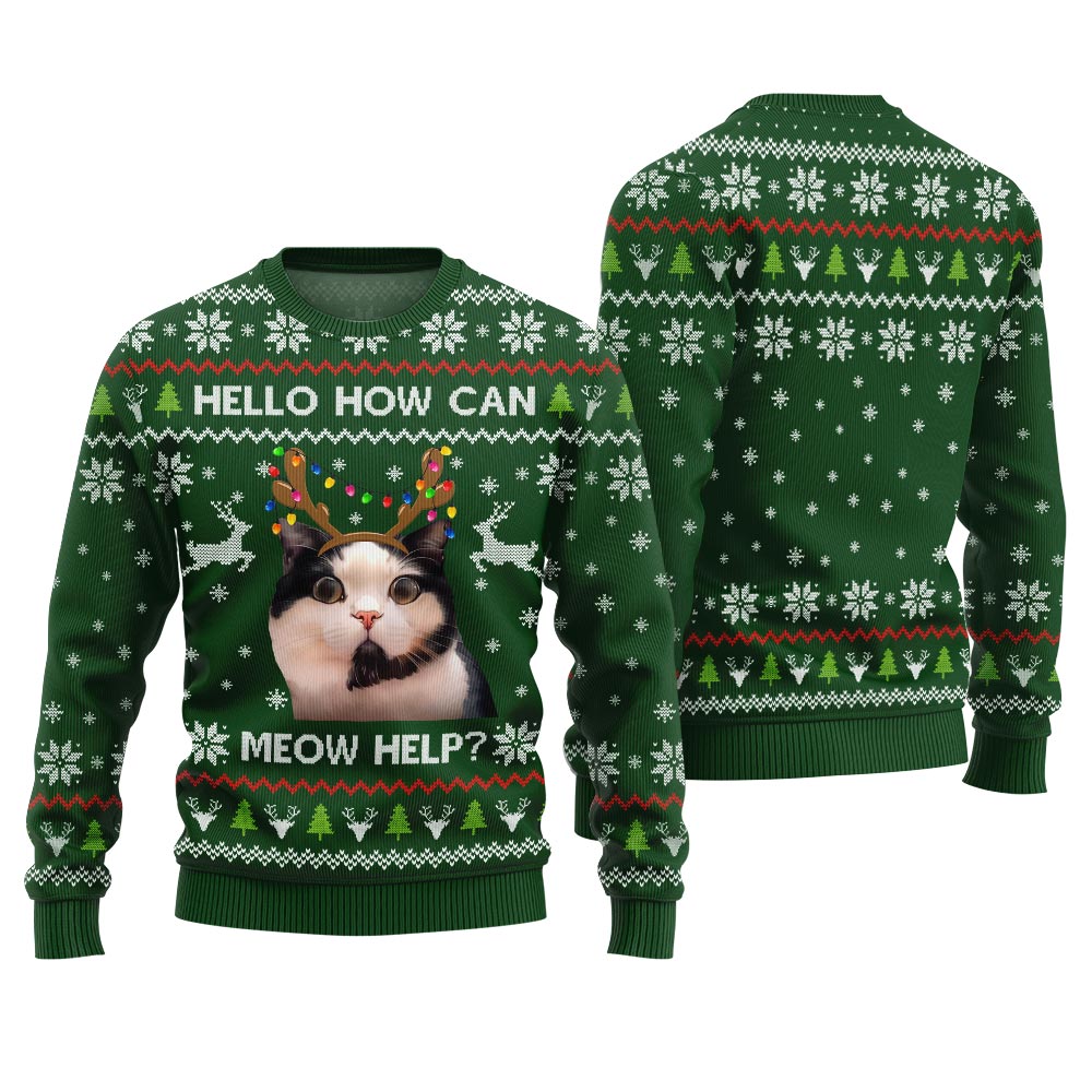 Funny Cat Holiday Sweater - Hello how can meow help?