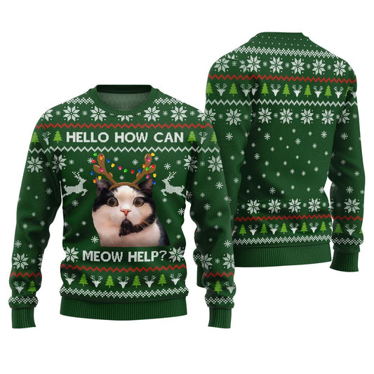 Funny Cat Holiday Sweater - Hello how can meow help?