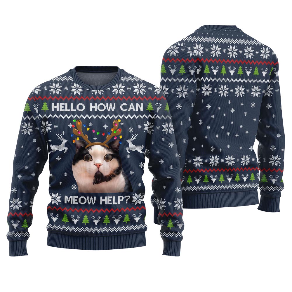 Funny Cat Holiday Sweater - Hello how can meow help?