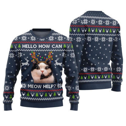 Funny Cat Holiday Sweater - Hello how can meow help?