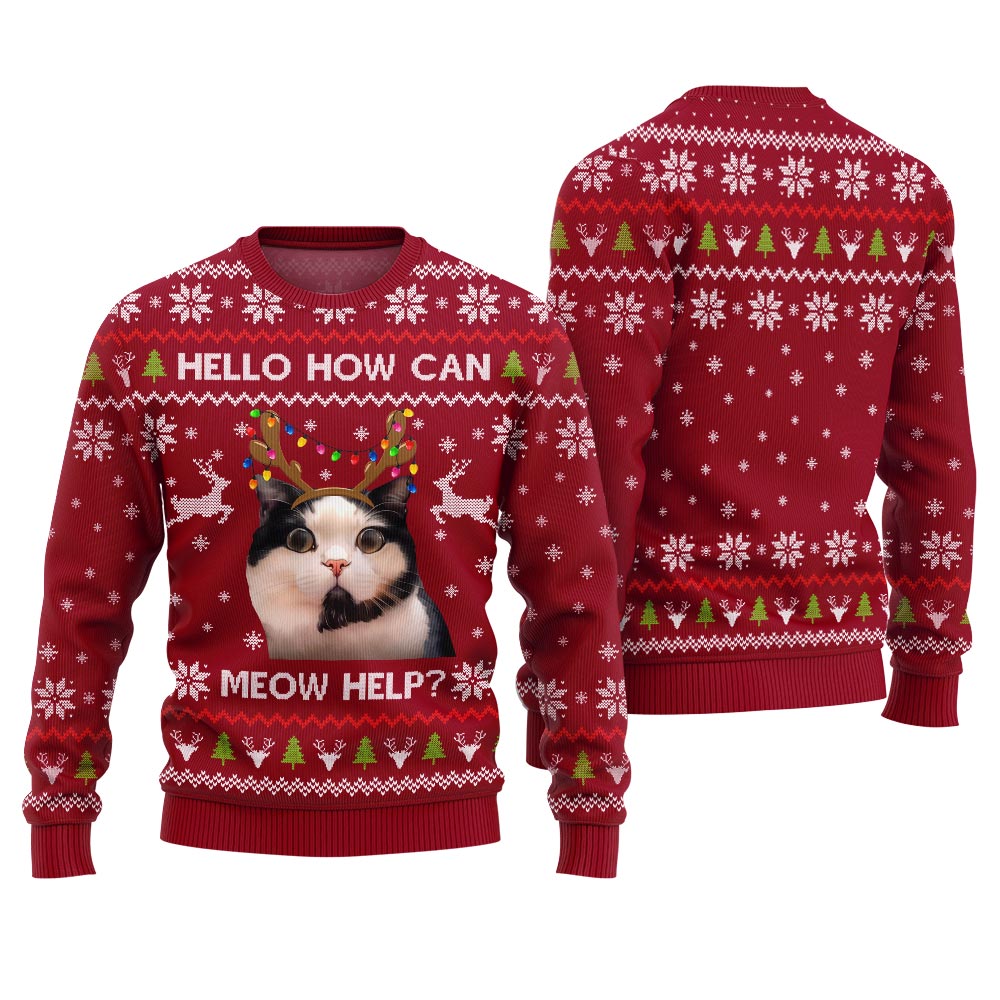 Funny Cat Holiday Sweater - Hello how can meow help?