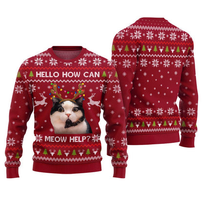 Funny Cat Holiday Sweater - Hello how can meow help?