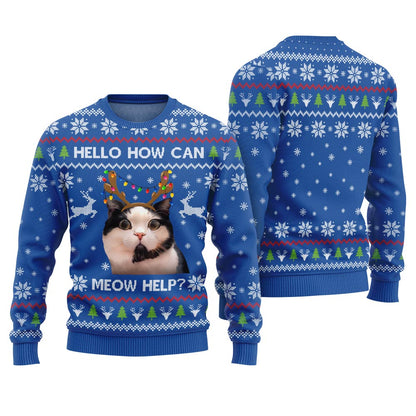 Funny Cat Holiday Sweater - Hello how can meow help?