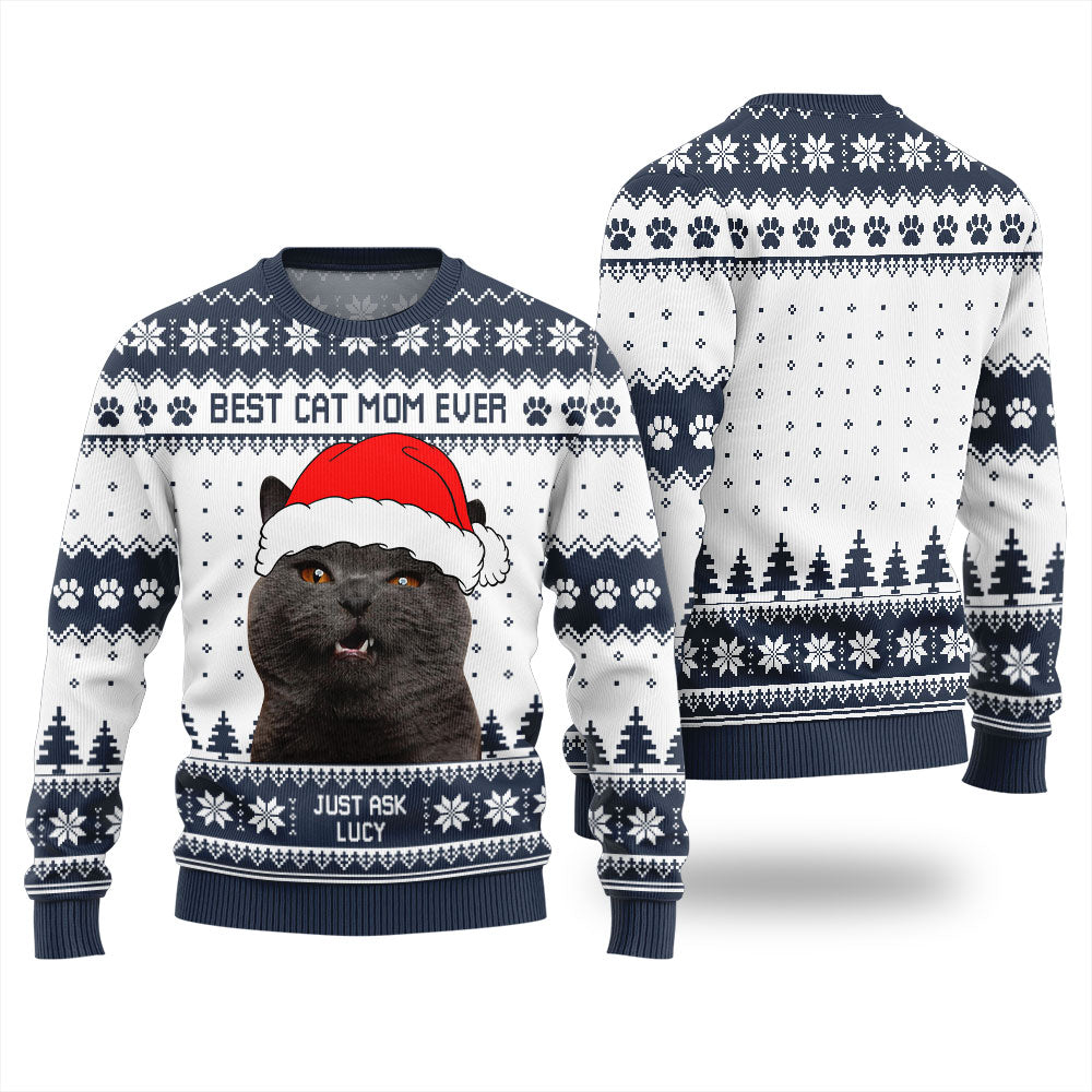 Funny Cat Mom Custom Face Xmas Sweaters For Ladies