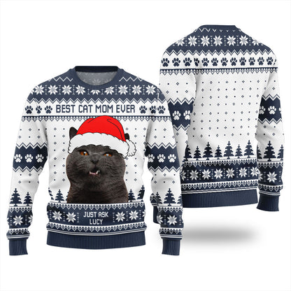 Funny Cat Mom Custom Face Ugly Christmas Sweater Unisex
