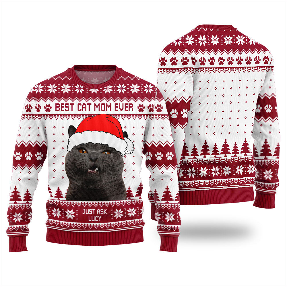 Funny Cat Mom Custom Face Xmas Sweaters For Ladies