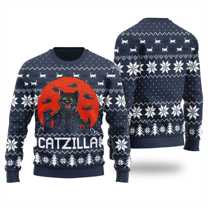 Funny Catzilla Happy Halloween Ugly Sweater For Women