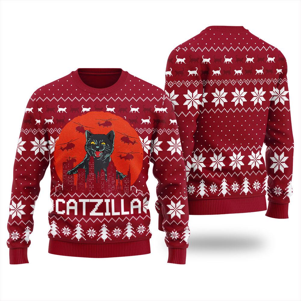 Funny Catzilla Happy Halloween Ugly Sweater For Women