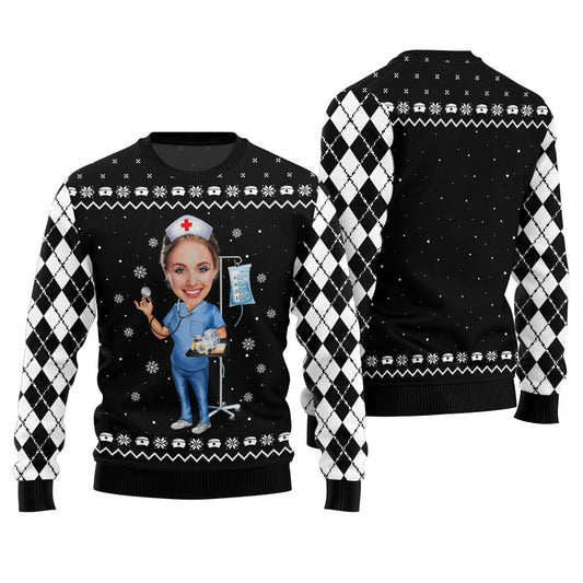 Funny Christmas Pullover Custom Face Nurse Black