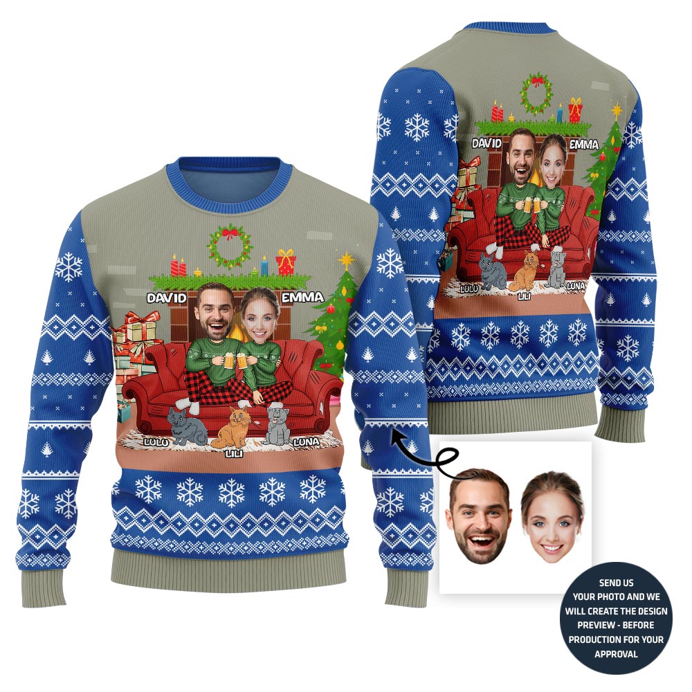 Funny Couple With Cats and Dogs Holiday Sweater