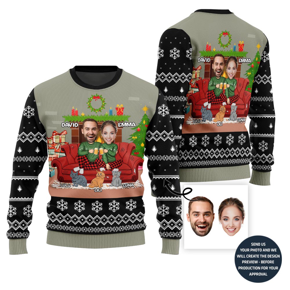 Funny Couple With Cats and Dogs Holiday Sweater