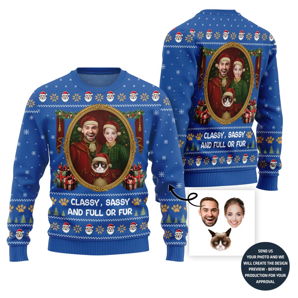 Funny Couple and Pet Portrait Holiday Sweater