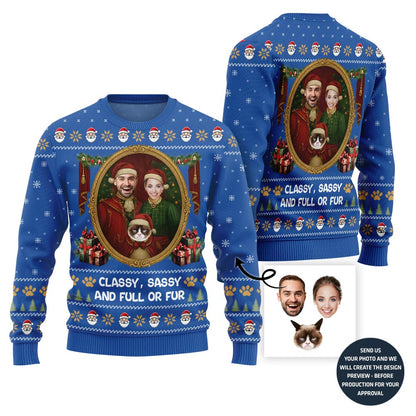 Funny Couple and Pet Portrait Holiday Sweater