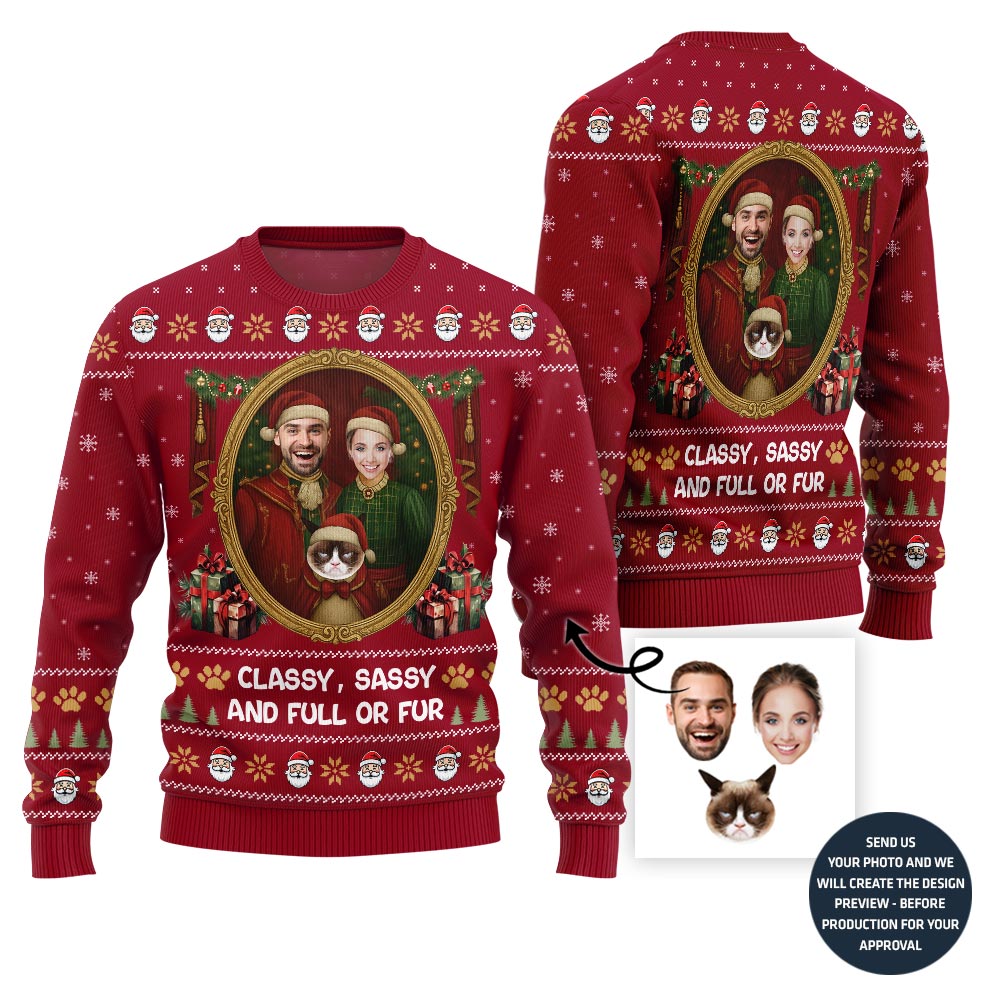 Funny Couple and Pet Portrait Holiday Sweater