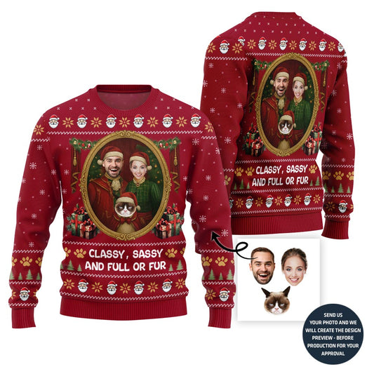 Funny Couple and Pet Portrait Holiday Sweater
