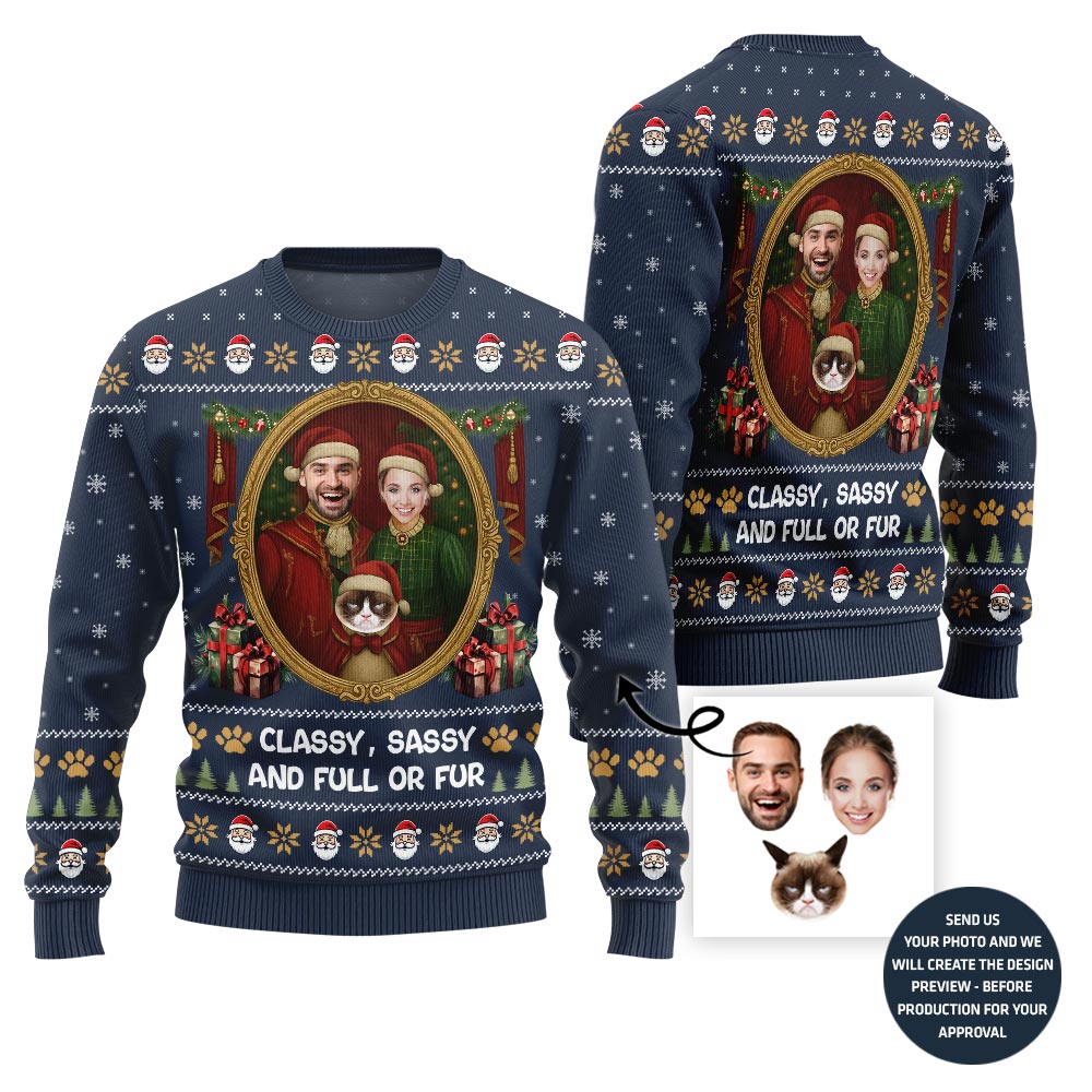 Funny Couple and Pet Portrait Holiday Sweater