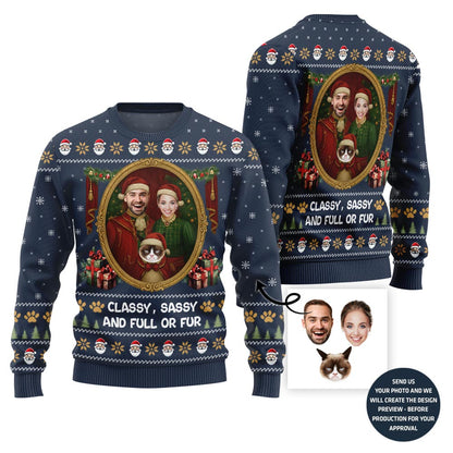 Funny Couple and Pet Portrait Holiday Sweater