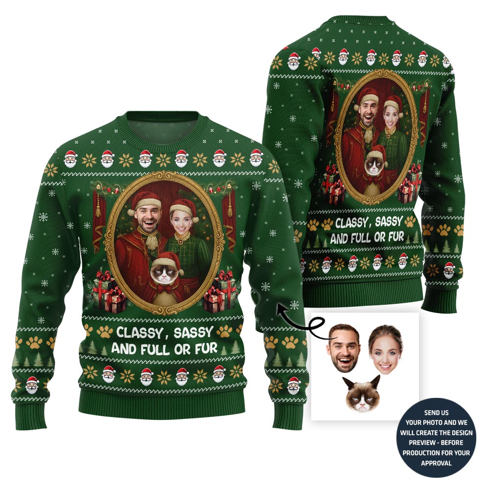 Funny Couple and Pet Portrait Holiday Sweater