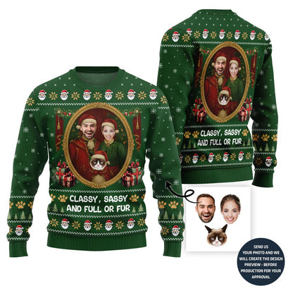Funny Couple and Pet Portrait Holiday Sweater