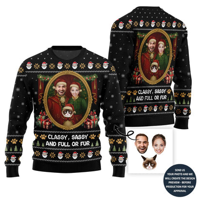 Funny Couple and Pet Portrait Holiday Sweater