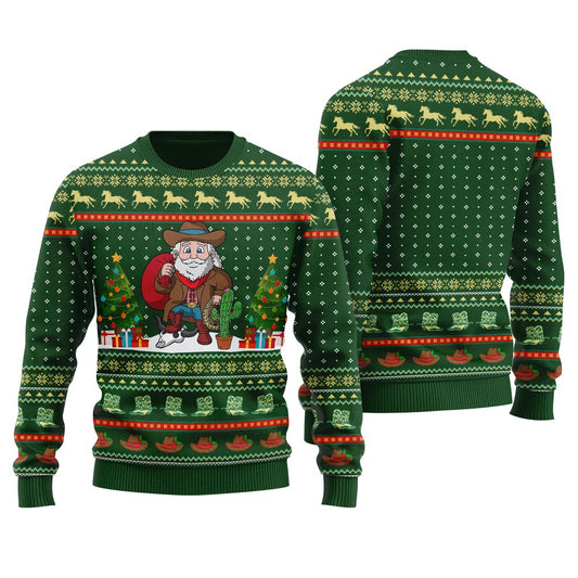 Funny Cowboy Santa Claus Ugly Christmas Sweater Green