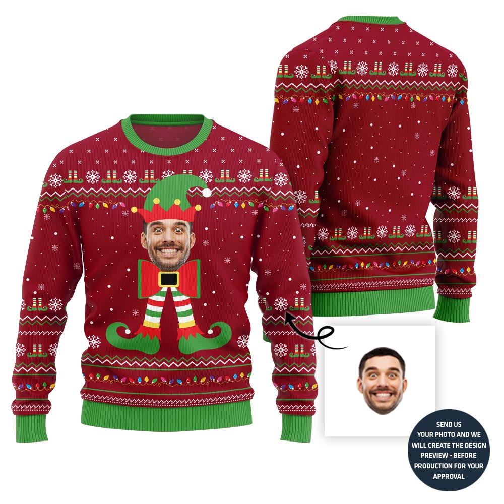 Funny Custom Elf Face Ugly Christmas Sweater