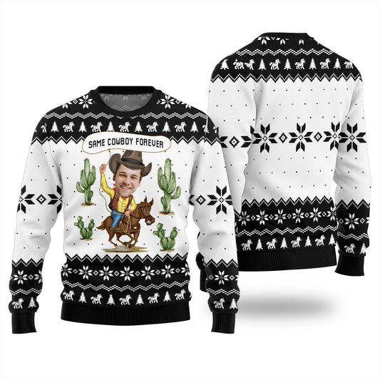 Funny Custom Face Christmas Sweaters For Adults Same Cowboy Forever Black