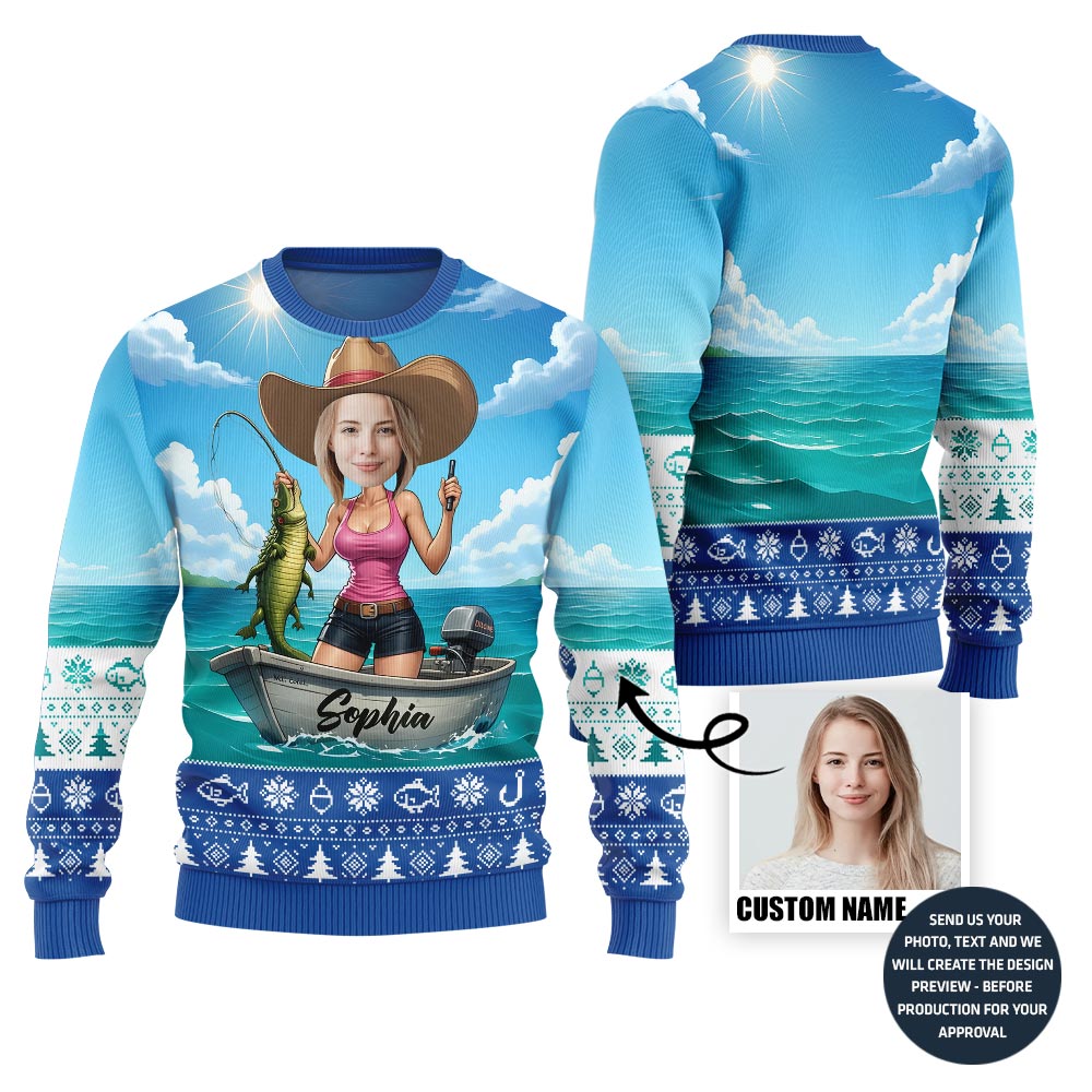 Funny Custom Face Cowgirl Fishing Ugly Xmas Sweater