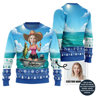 Funny Custom Face Cowgirl Fishing Ugly Xmas Sweater