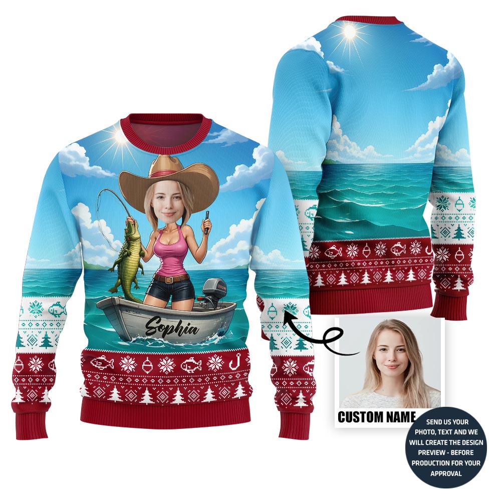 Funny Custom Face Cowgirl Fishing Ugly Xmas Sweater
