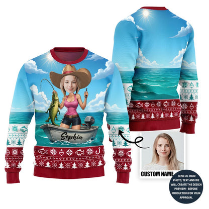 Funny Custom Face Cowgirl Fishing Ugly Xmas Sweater