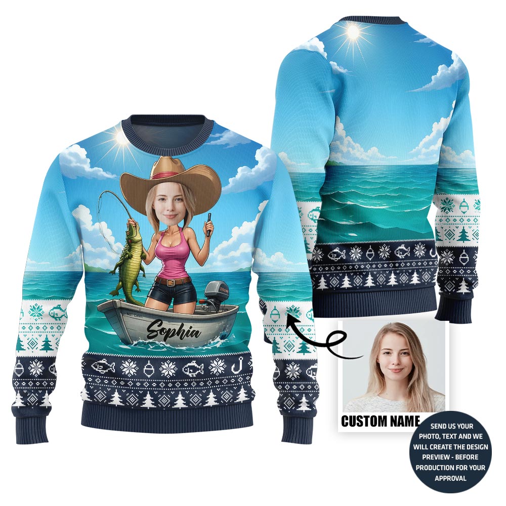 Funny Custom Face Cowgirl Fishing Ugly Xmas Sweater
