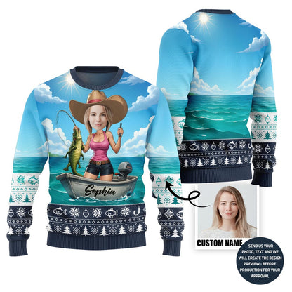 Funny Custom Face Cowgirl Fishing Ugly Xmas Sweater