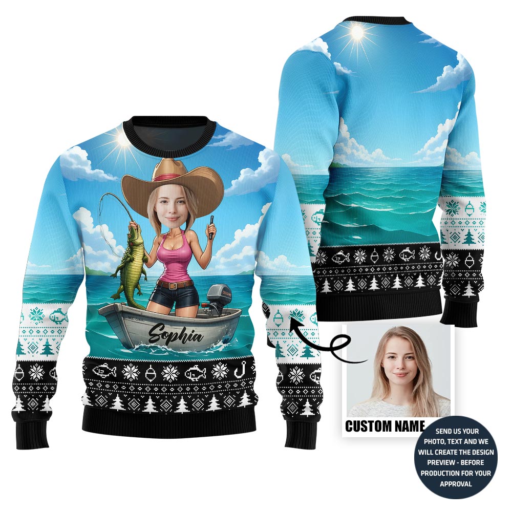 Funny Custom Face Cowgirl Fishing Ugly Xmas Sweater