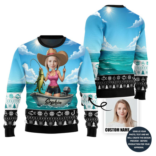 Funny Custom Face Cowgirl Fishing Ugly Xmas Sweater