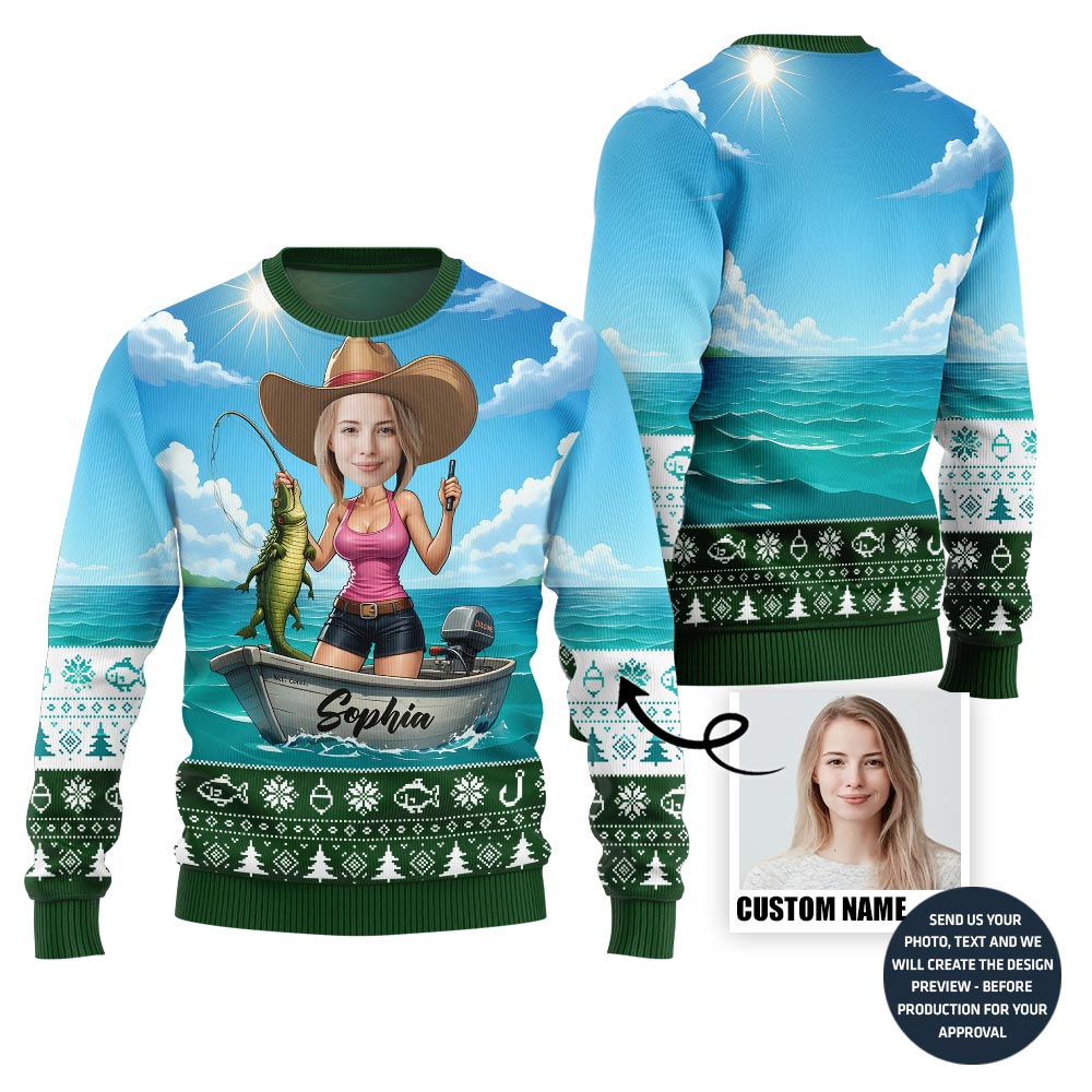 Funny Custom Face Cowgirl Fishing Ugly Xmas Sweater