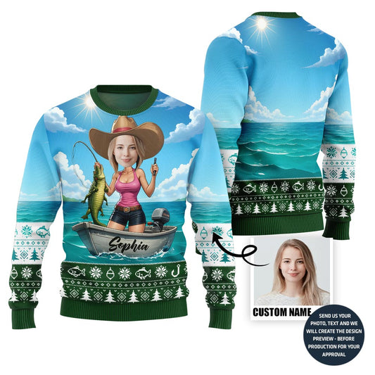 Funny Custom Face Cowgirl Fishing Ugly Xmas Sweater