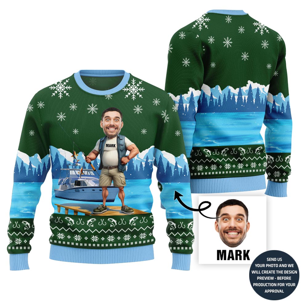 Funny Custom Face Fishing Xmas Sweater