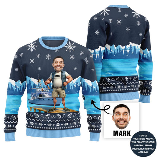Funny Custom Face Fishing Xmas Sweater