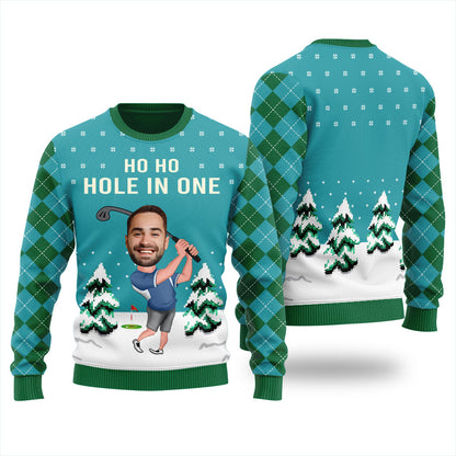 Funny Custom Face Golf Player Ugly Sweater Blue