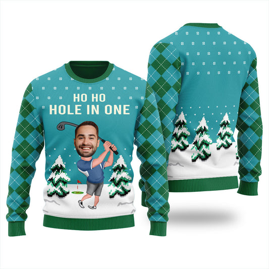 Funny Custom Face Golf Player Ugly Sweater Blue