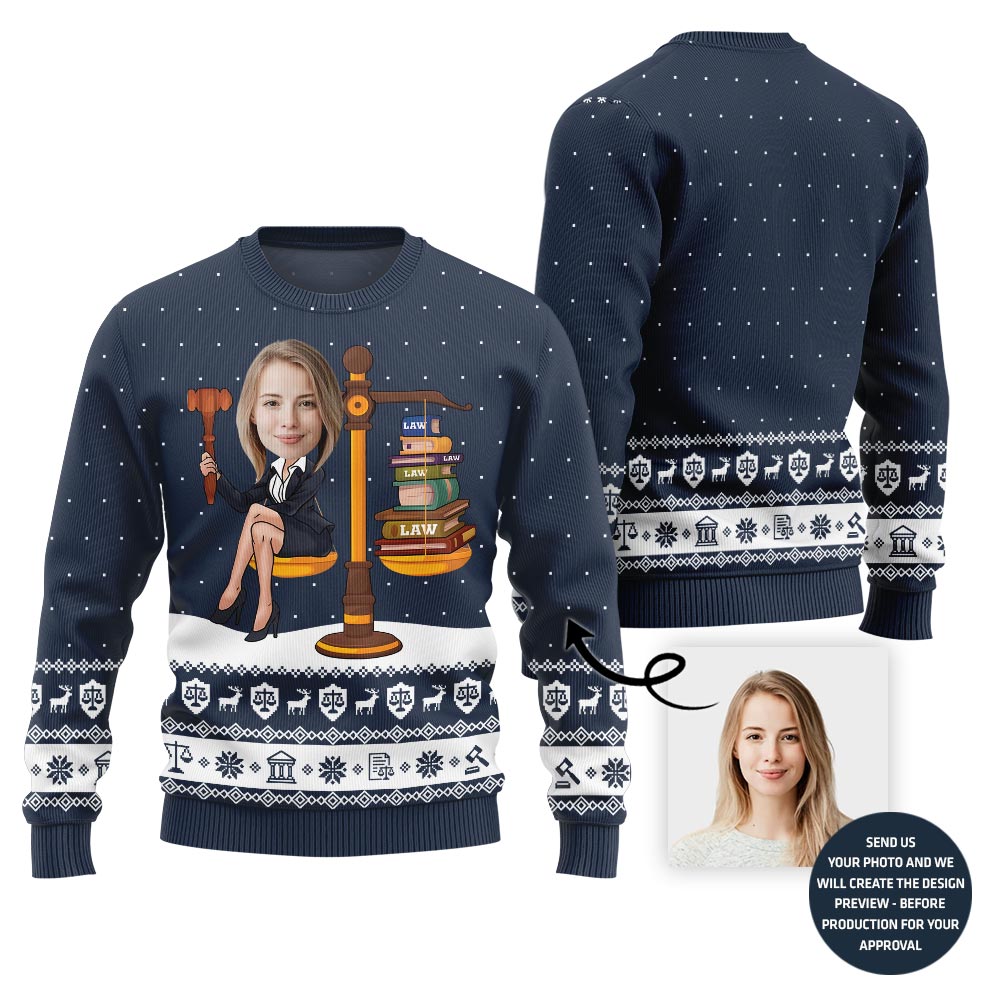 Funny Custom Face Lawyer Ugly Xmas Sweater For Women